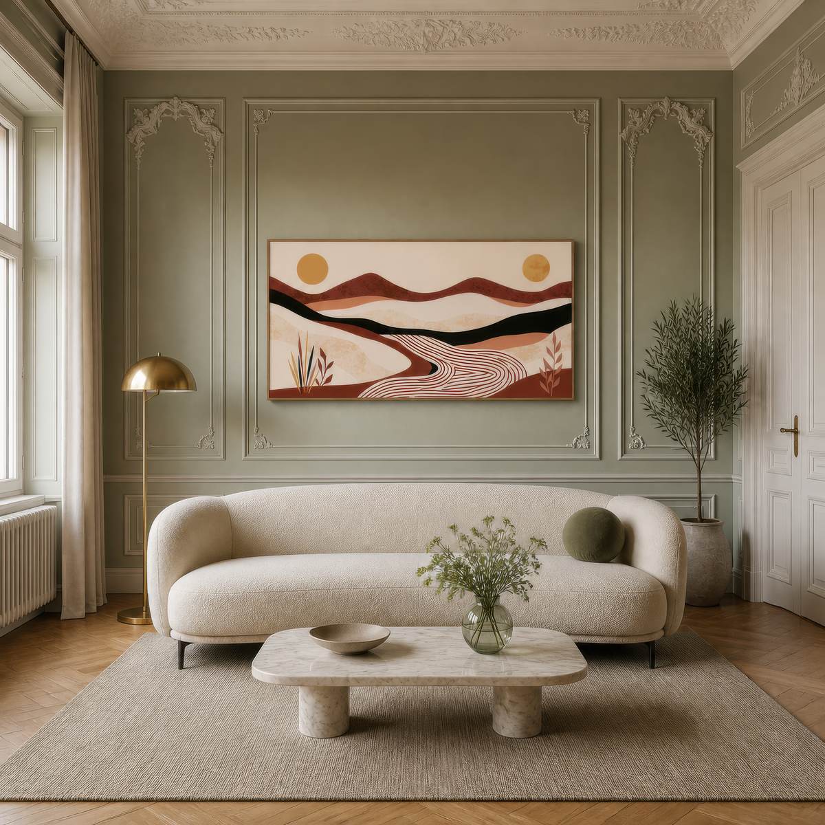 Desert river valley abstract above a cream curved sofa on a sage green panelled wall