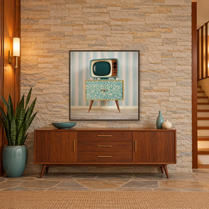 Teal Retro TV on a Patterned Cabinet mid-century modern wall art in an entryway