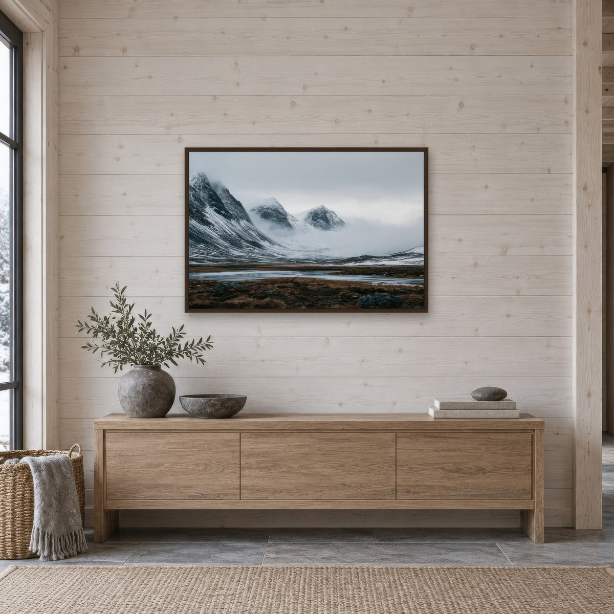 Foggy Snow-Covered Mountain Valley scandinavian wall art in an entryway