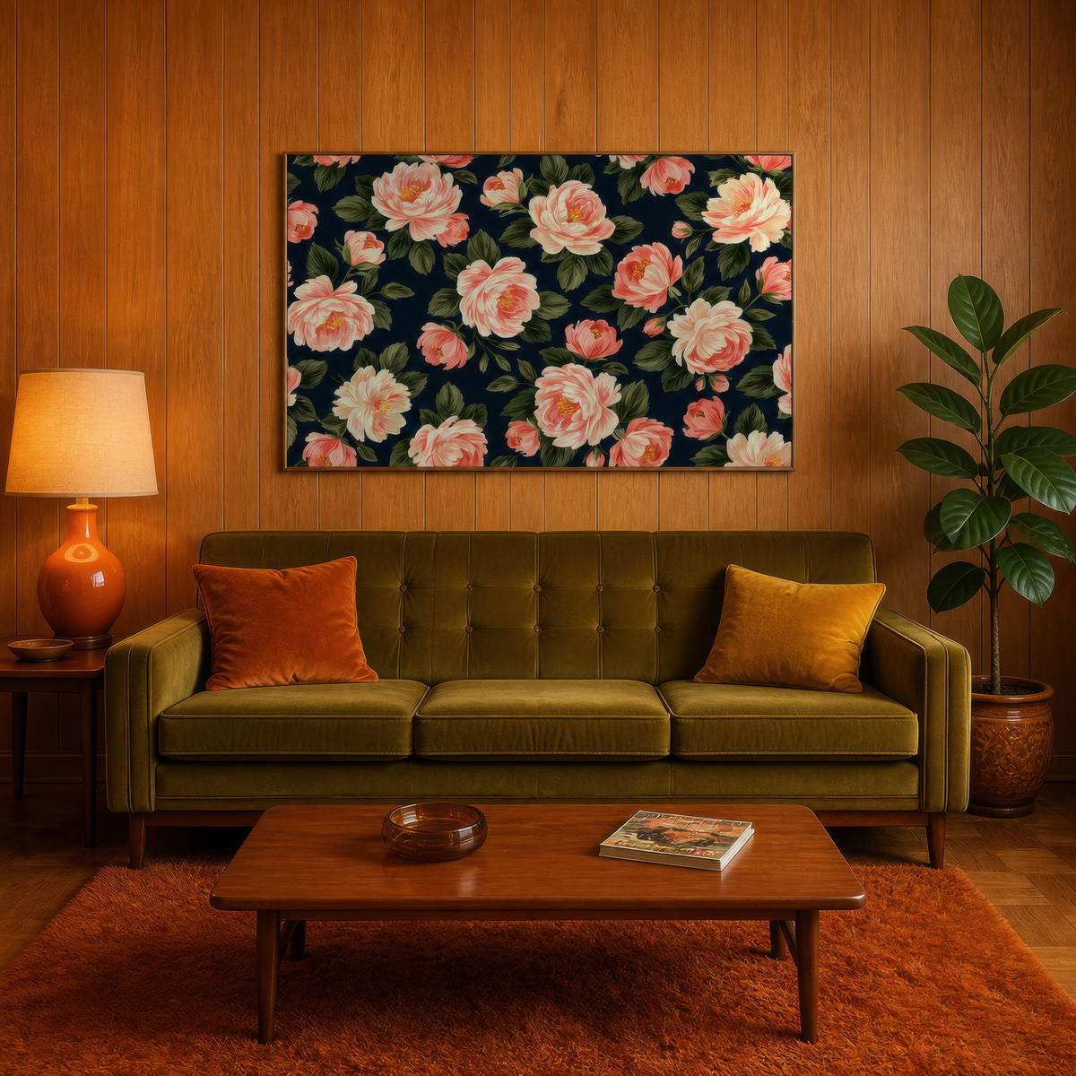 Peach Peony Pattern on Navy wall art print staged in a room