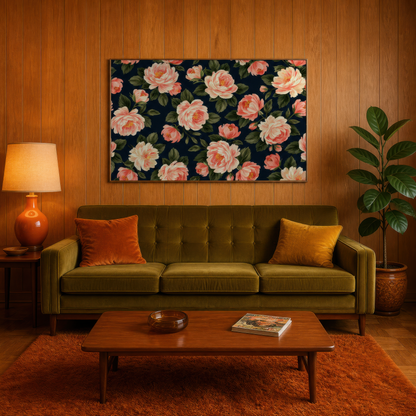 Peach Peony Pattern on Navy wall art print staged in a room