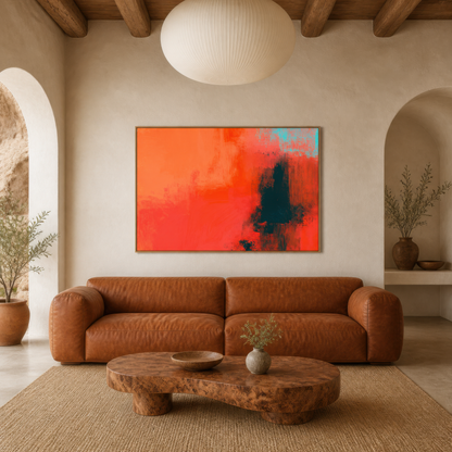 Large warm coral abstract artwork above a rust sofa with a live-edge coffee table in an arched living room