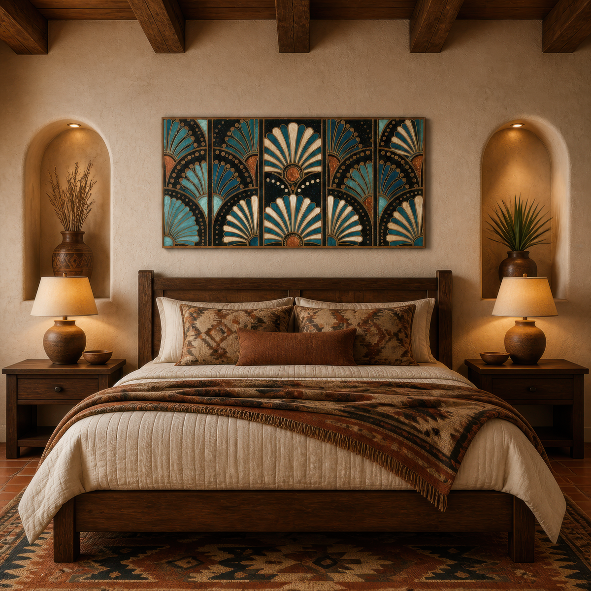 Teal fan pattern above a wooden bed with tan bedding on a plaster wall with arched niches