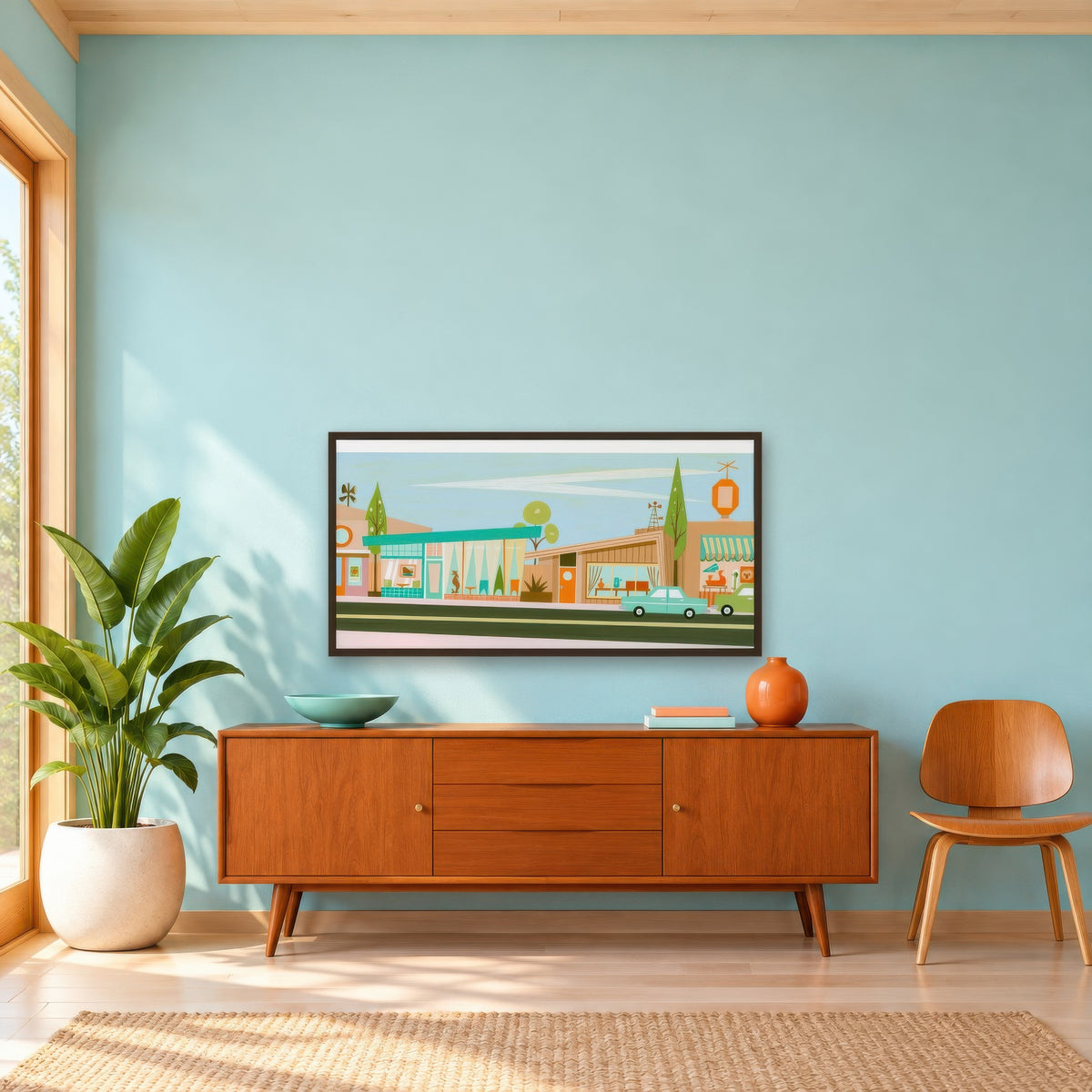 Retro Shopfront with a Teal Canopy mid-century modern wall art in an entryway