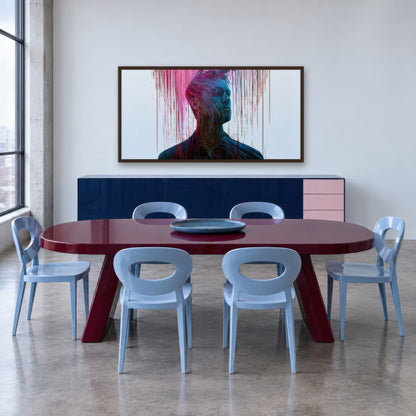 Color Drip Portrait in Red and Blue abstract portrait wall art in a dining room
