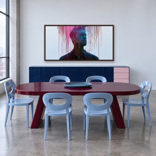 Color Drip Portrait in Red and Blue abstract portrait wall art in a dining room