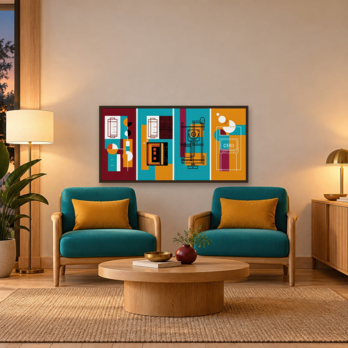 Retro Tech Blueprint Abstract mid-century modern wall art in a den