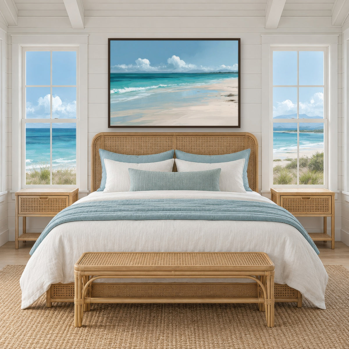 Tranquil Turquoise Shore coastal wall art in a bedroom