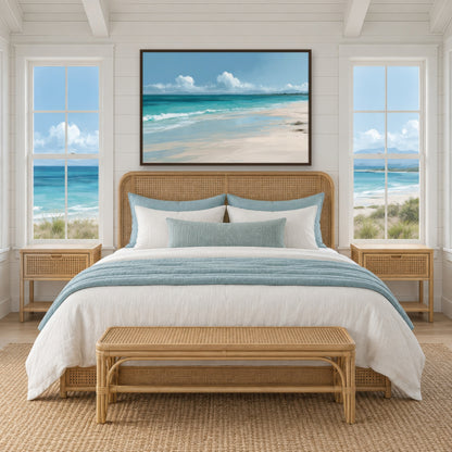 Tranquil Turquoise Shore coastal wall art in a bedroom