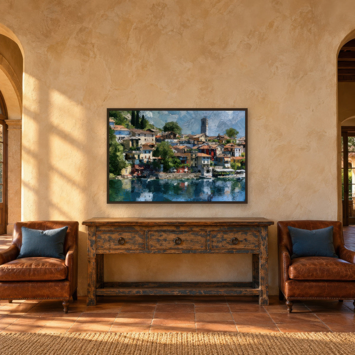Lakeside Village with Bell Tower impressionist wall art in an entryway
