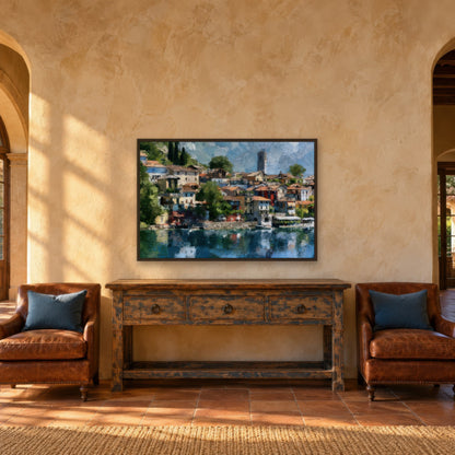 Lakeside Village with Bell Tower impressionist wall art in an entryway