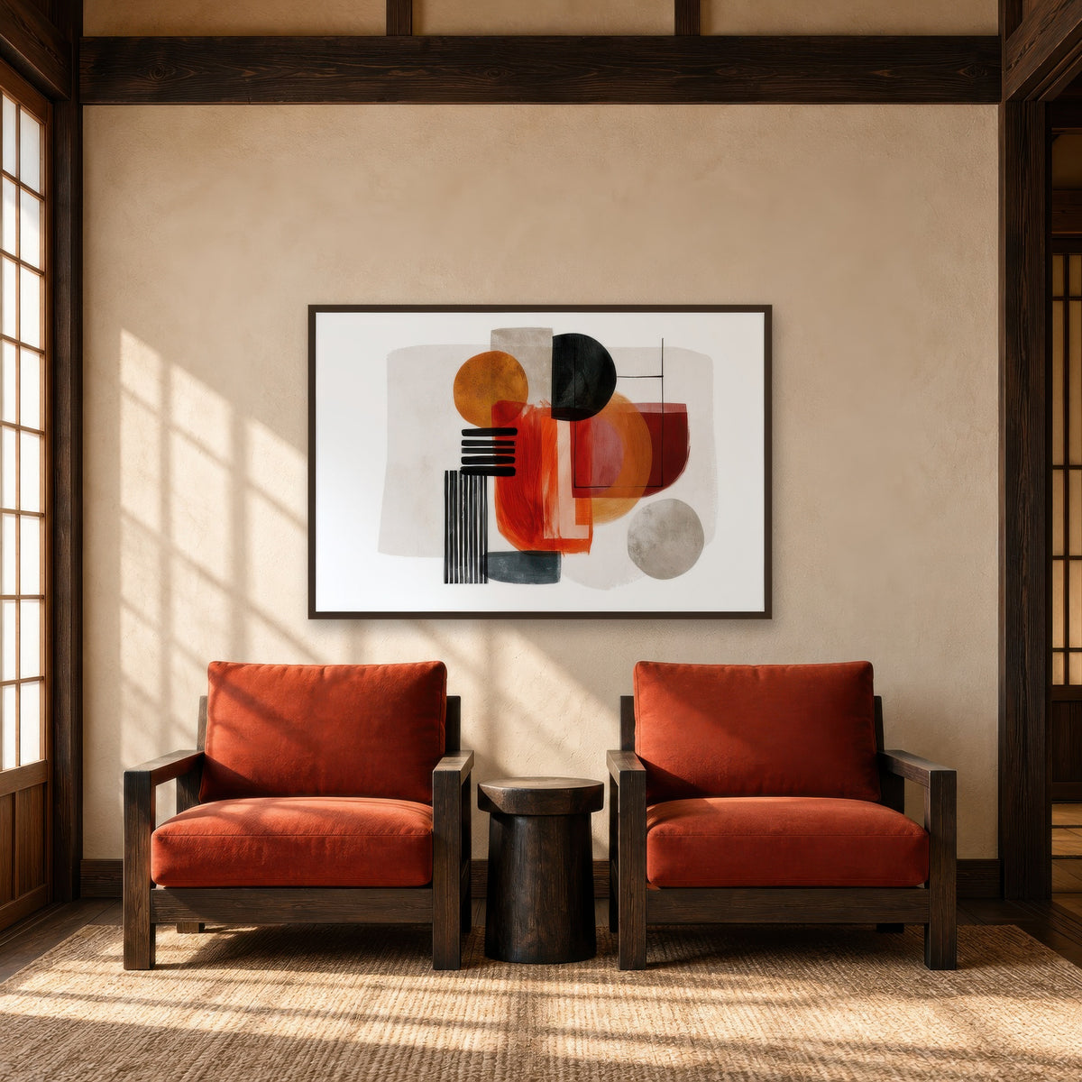 Bold Shapes in Terracotta japandi wall art in a den