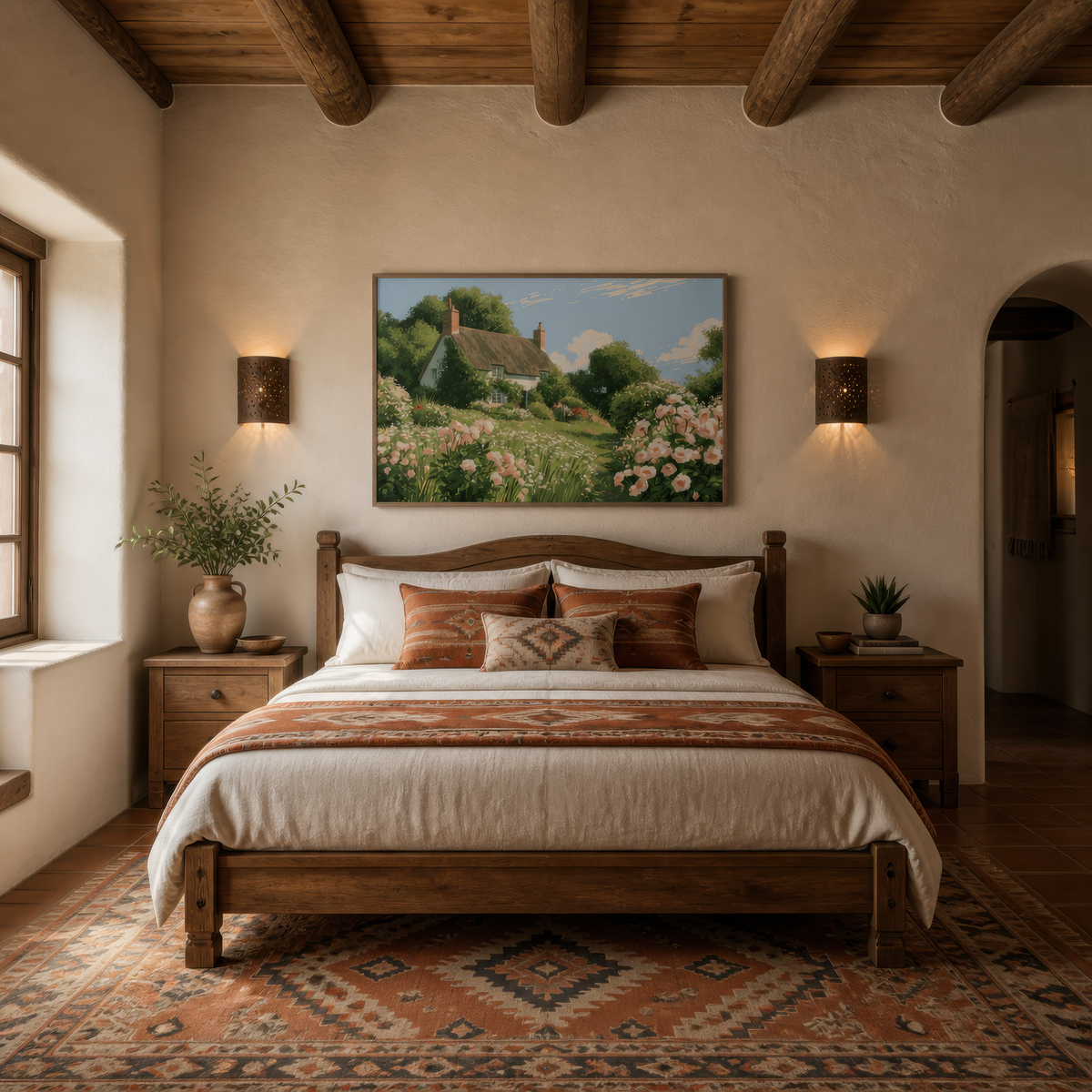 Hillside cottage above a wooden bed with cream and rust bedding, wall sconces and a kilim rug