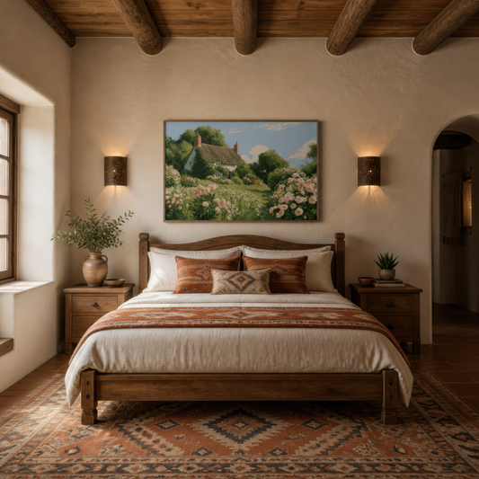 Hillside cottage above a wooden bed with cream and rust bedding, wall sconces and a kilim rug