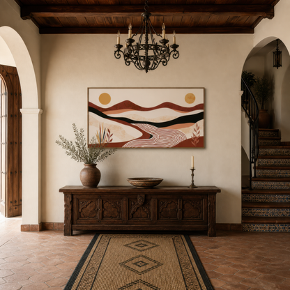 Desert river valley abstract above a carved wood chest with a patterned runner and stairs
