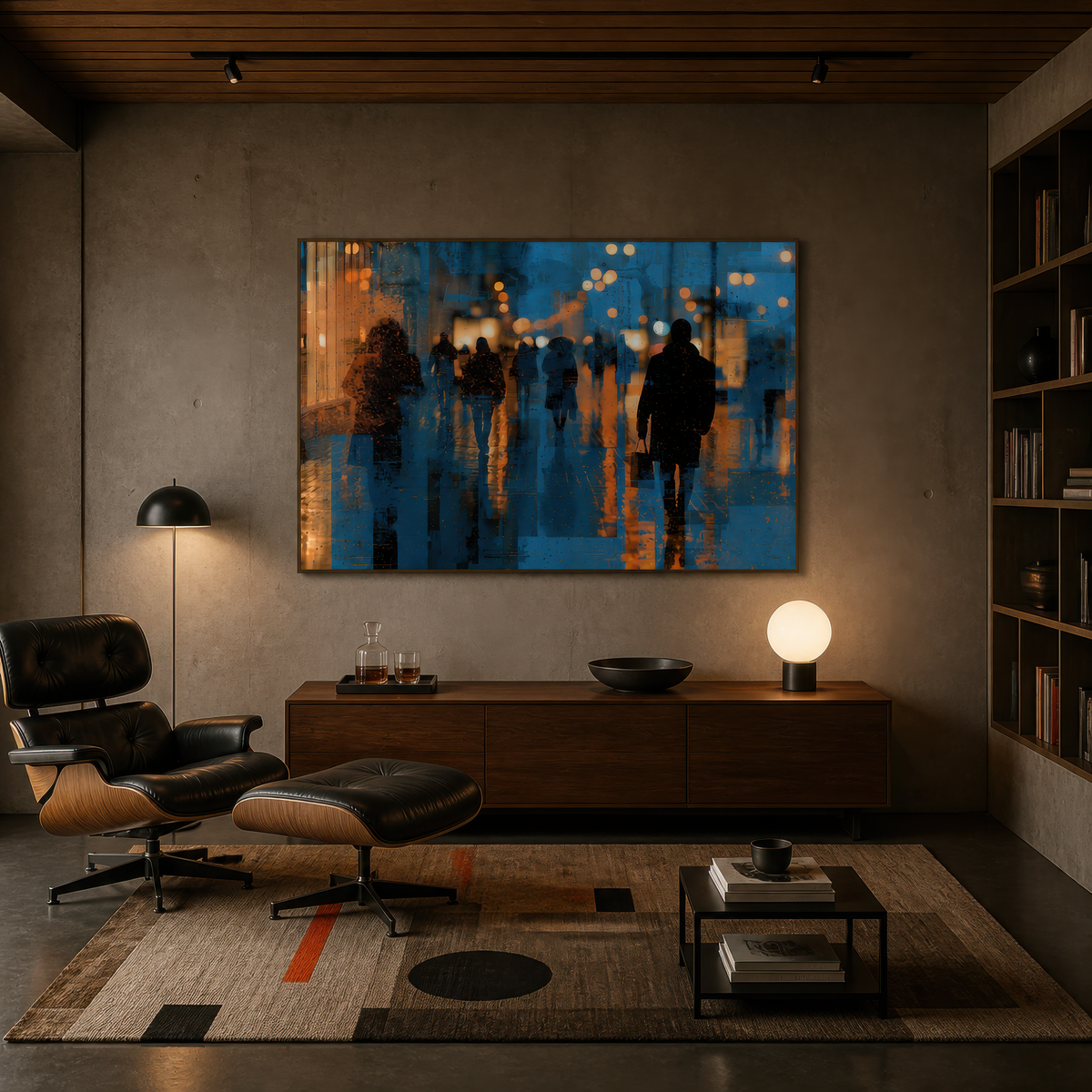 Rainy city nightscape above a wood credenza with a black leather lounge chair and ottoman