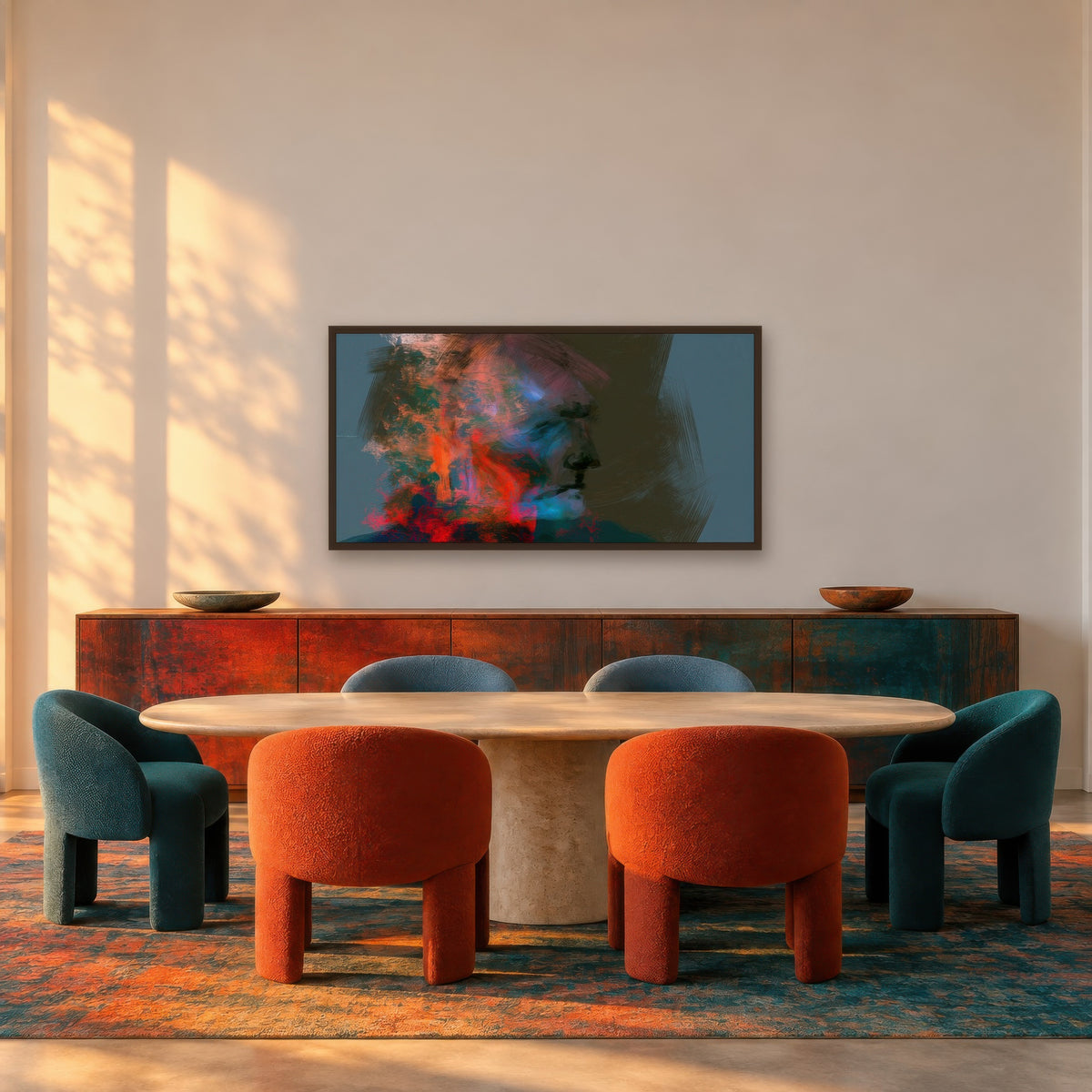 Orange and Teal Profile abstract portrait wall art in a dining room