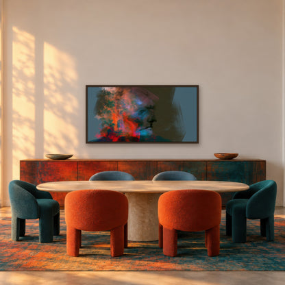 Orange and Teal Profile abstract portrait wall art in a dining room