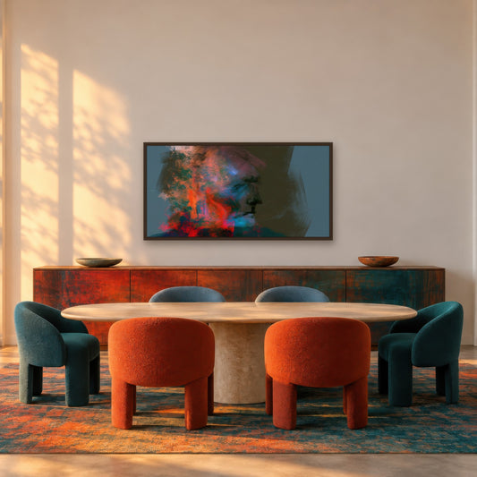 Orange and Teal Profile abstract portrait wall art in a dining room