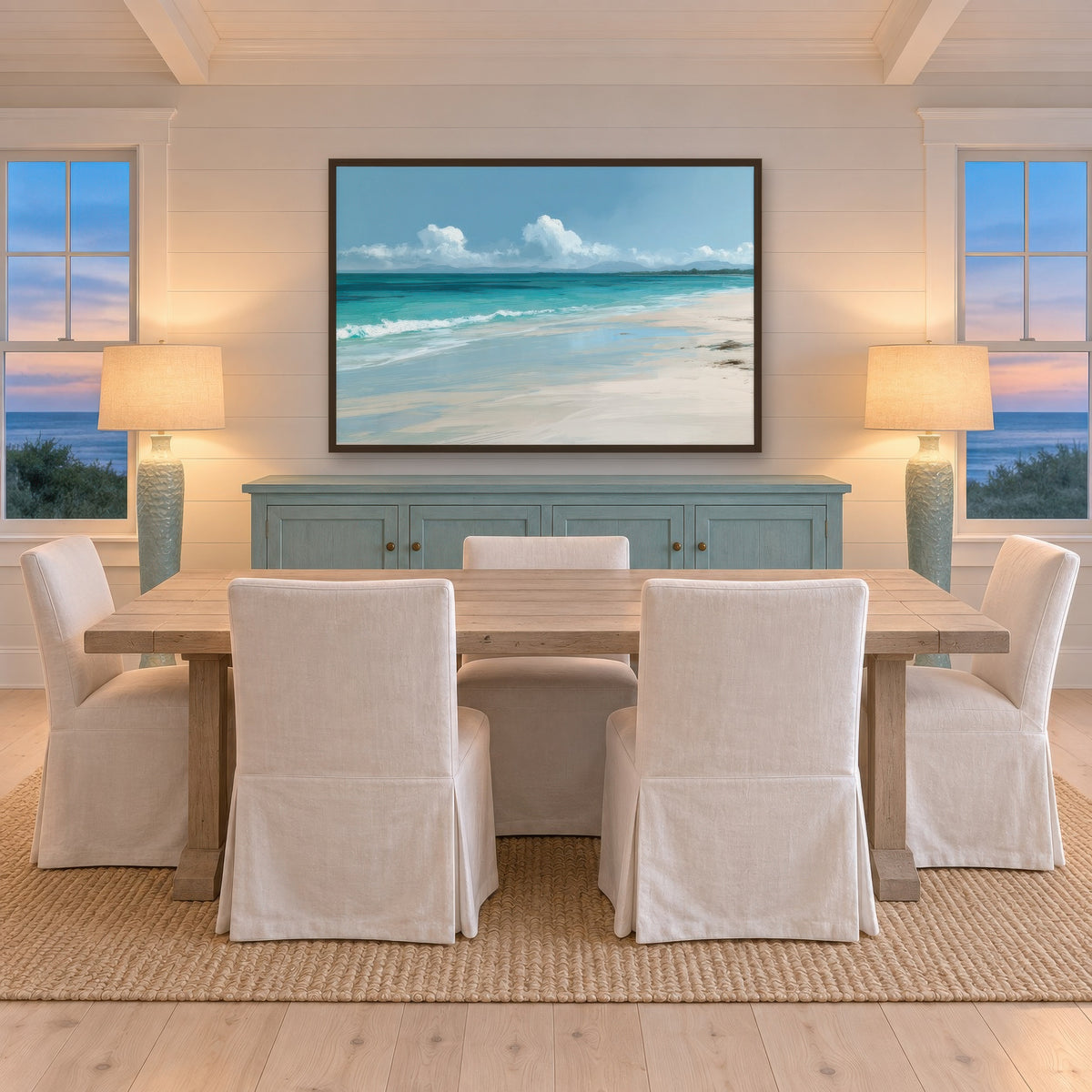 Tranquil Turquoise Shore coastal wall art in a dining room