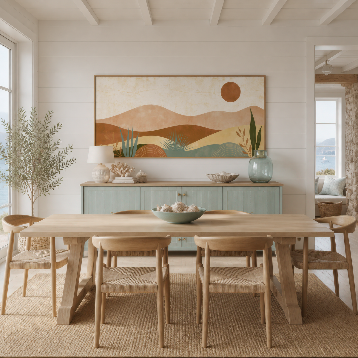 Desert hills in warm light above a pale blue sideboard with a wood table and cane chairs