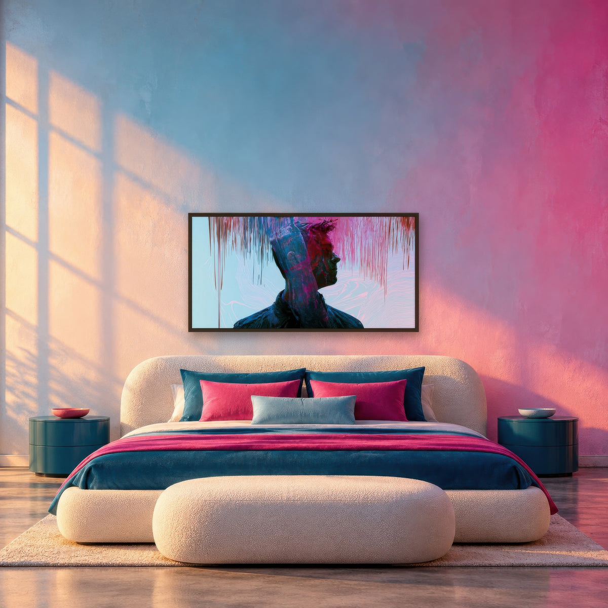 Double Profile in Red and Teal abstract portrait wall art in a bedroom