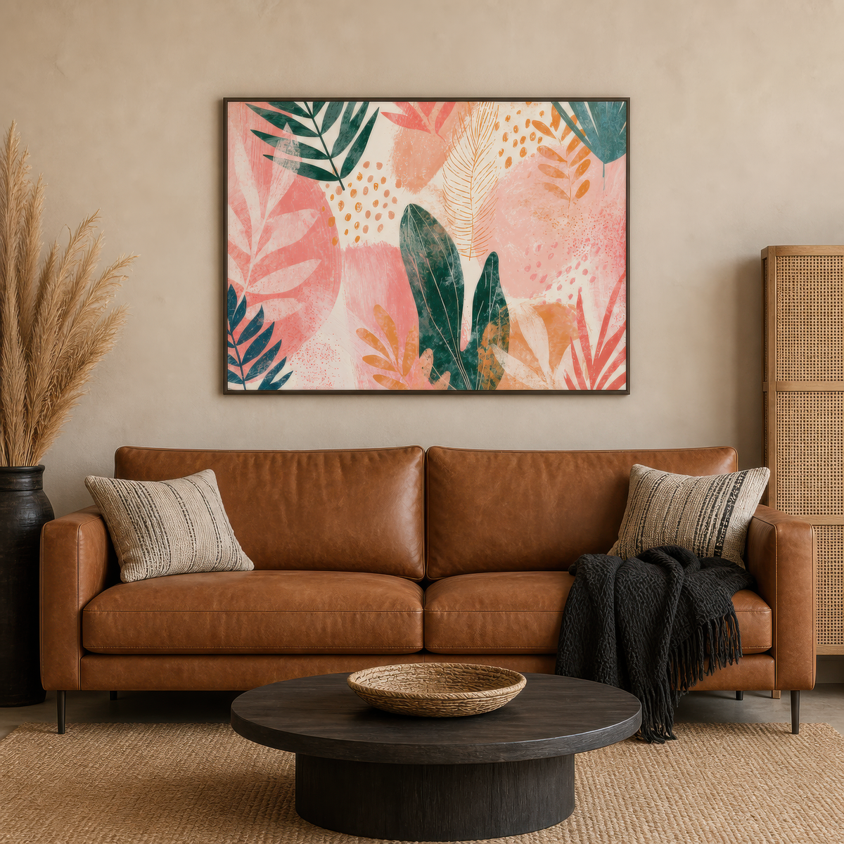 Tropical leaves at sunset artwork above a tan leather sofa with pampas grass and a round table