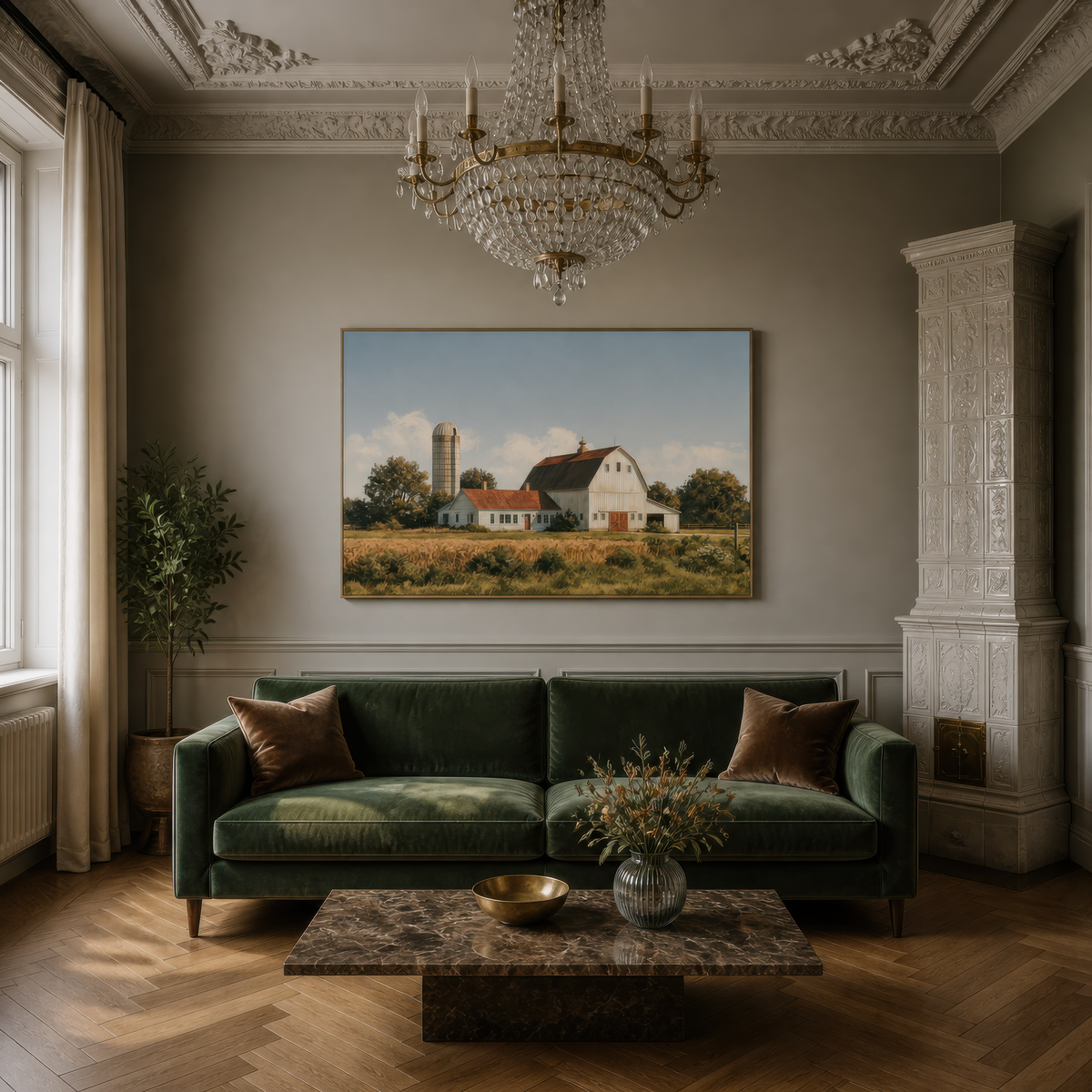 Amber grain silo above a dark green sofa under a crystal chandelier with a stone table