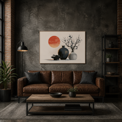 Ceramic vessels and red sun above a brown leather sofa on a dark plaster wall
