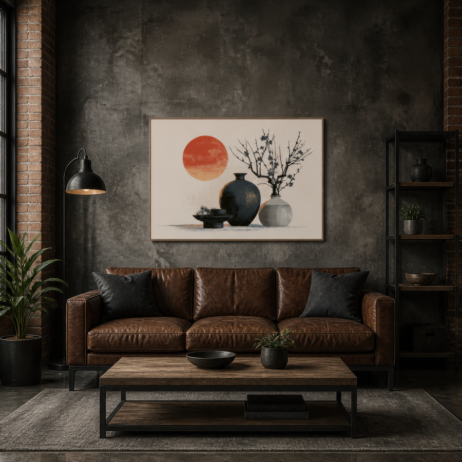 Ceramic Vessels and Red Sun – Japandi Wall Art