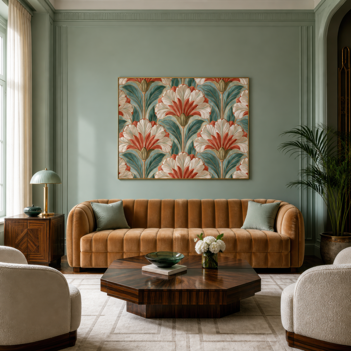 Deco lily pattern above a tan curved sofa on a sage green panelled wall