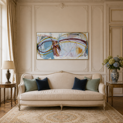 Wide burgundy and blue-gray abstract artwork above a cream camelback sofa on a paneled wall