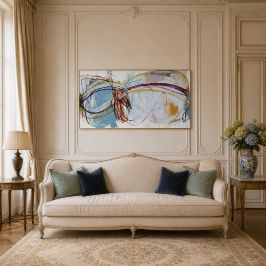 Wide burgundy and blue-gray abstract artwork above a cream camelback sofa on a paneled wall