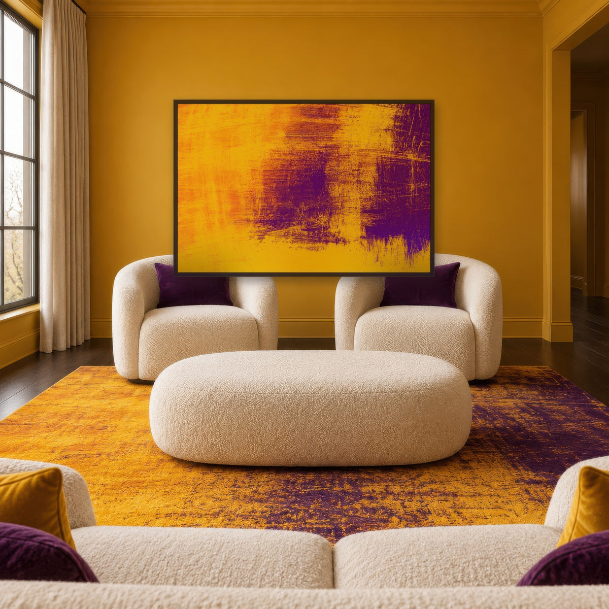 Gold and Purple Abstract wall art in a den