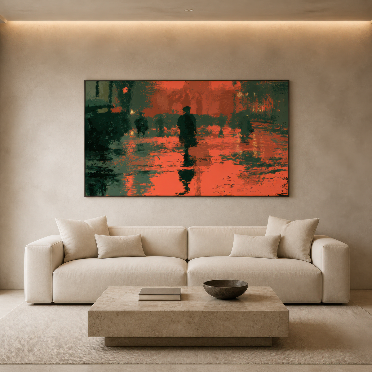 Crimson street at night above a cream low sofa on a plaster wall with a stone coffee table