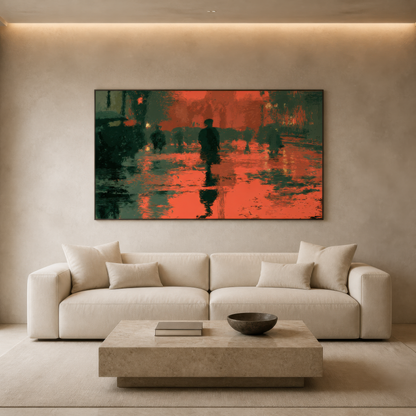Crimson street at night above a cream low sofa on a plaster wall with a stone coffee table