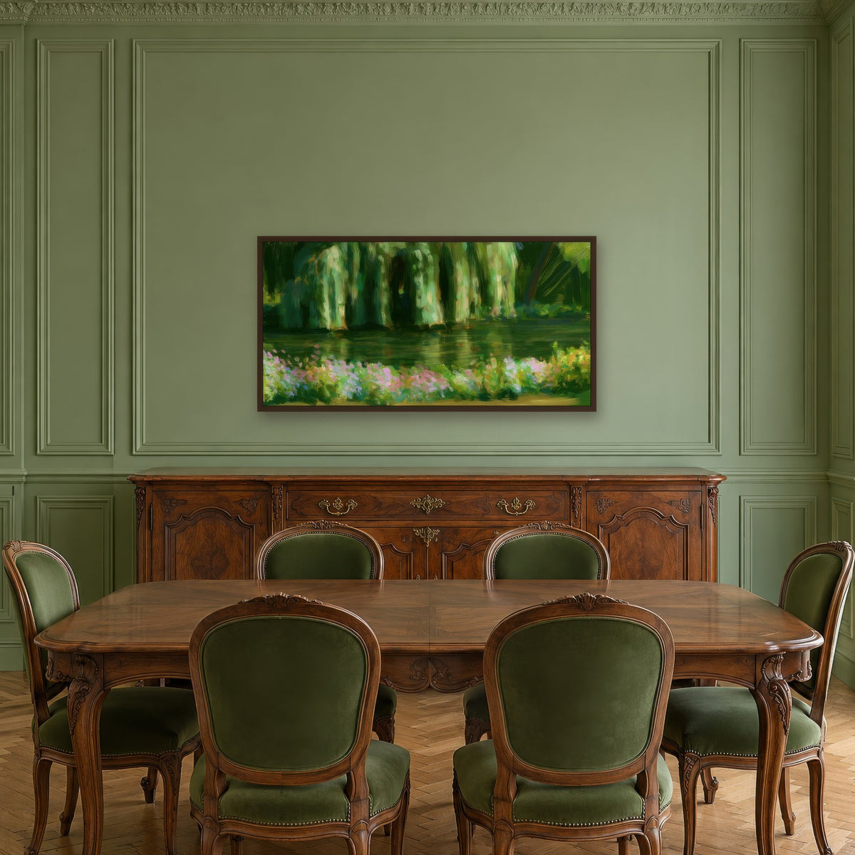 Willow Pond with Pink Blossom Bank – Impressionist Wall Art