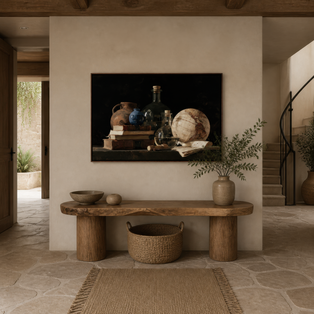 Midnight manuscript above a curved wood console in an entryway with a jute runner