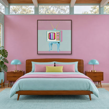 Retro TV Color Bars Illustration mid-century modern wall art in a bedroom