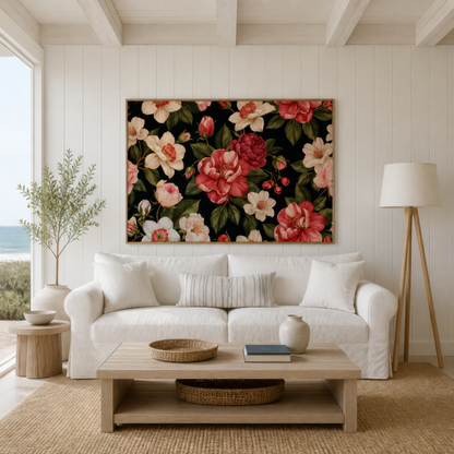 Pink Camellia Pattern on Black wall art print, alternate room view