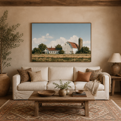 Golden barnyard above a cream sofa with tan pillows and a wood coffee table