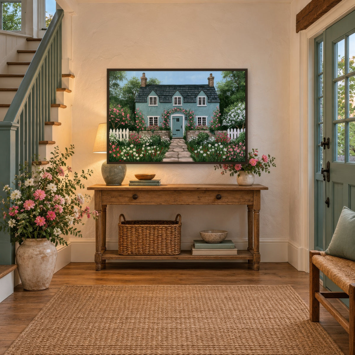 Rose Arch Cottage cottagecore wall art in an entryway