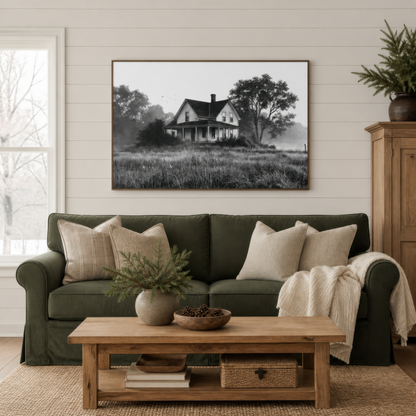 Farmhouse in a quiet meadow above an olive green sofa with a throw on a white shiplap wall