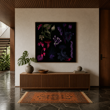 Dark Bleeding Heart Botanical Illustration wall art print, alternate room view