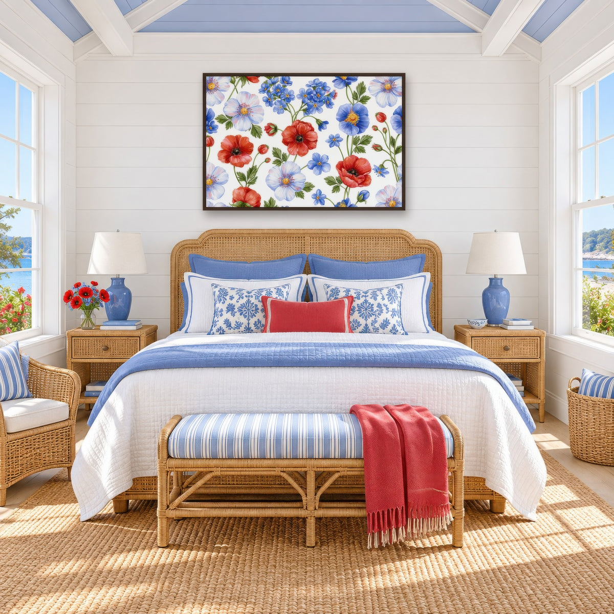 Red Poppy and Blue Wildflower Pattern watercolor floral wall art in a bedroom