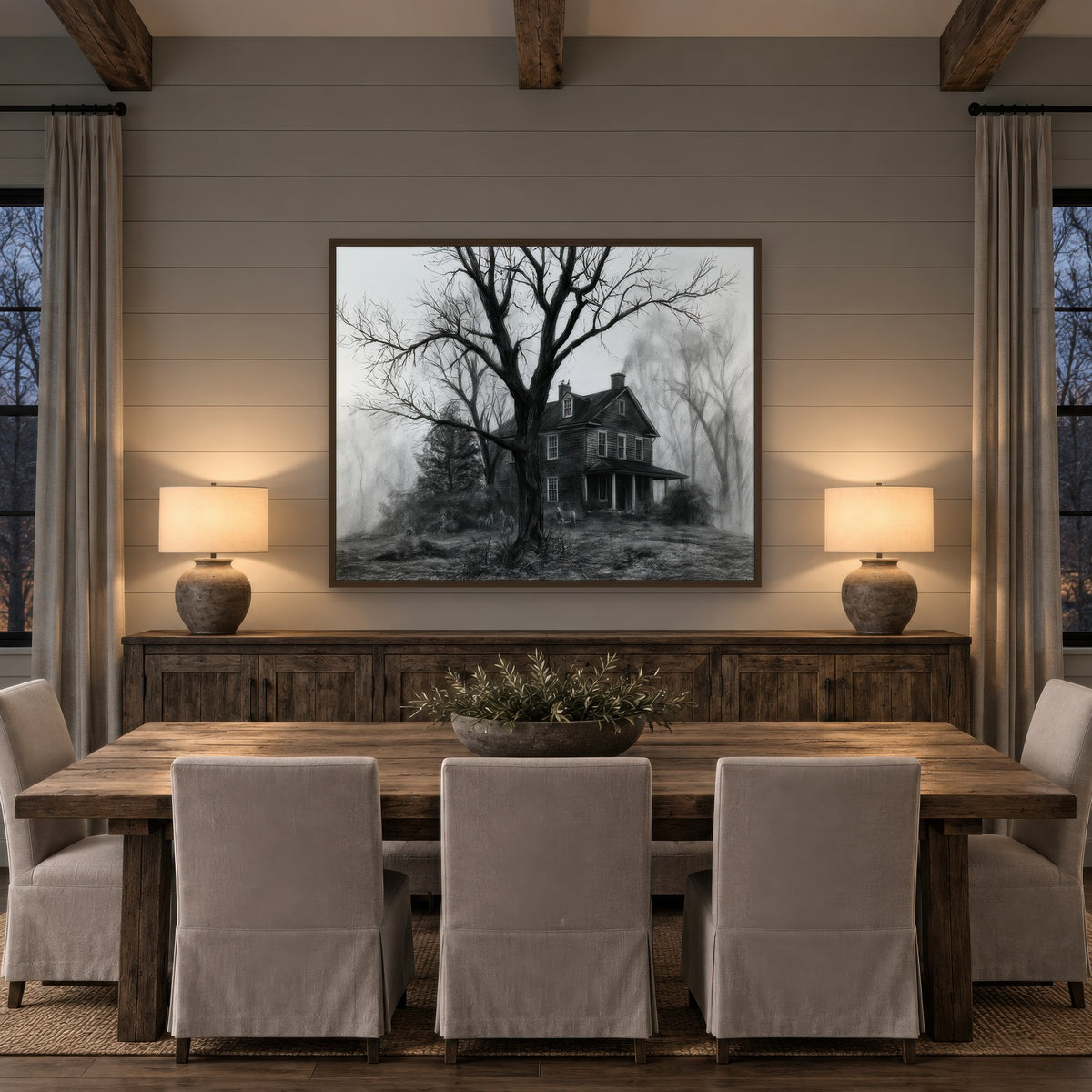 Farmhouse Behind the Ancient Tree farmhouse wall art in a dining room