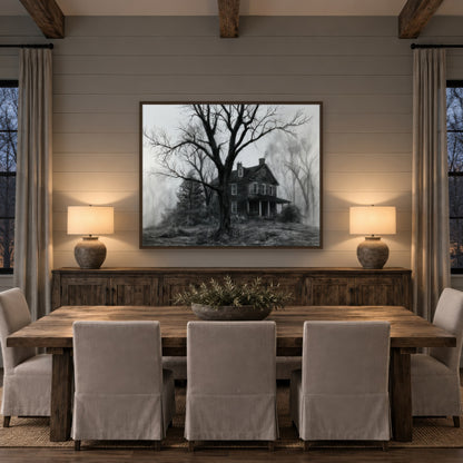 Farmhouse Behind the Ancient Tree farmhouse wall art in a dining room