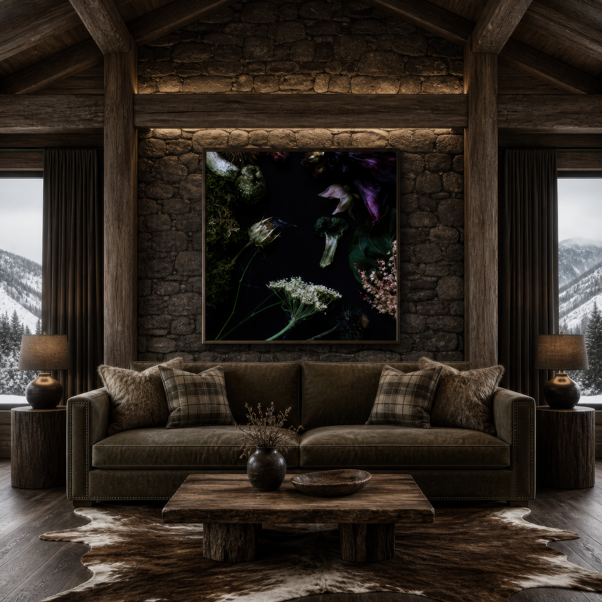 Moody Dark Florals wall art print, alternate room view