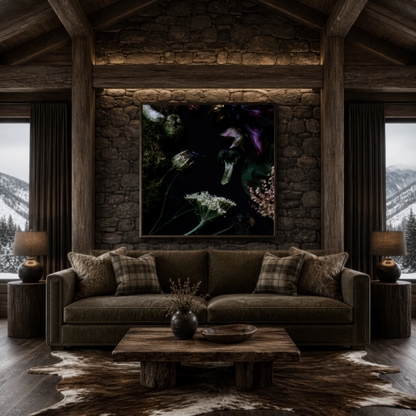 Moody Dark Florals wall art print, alternate room view