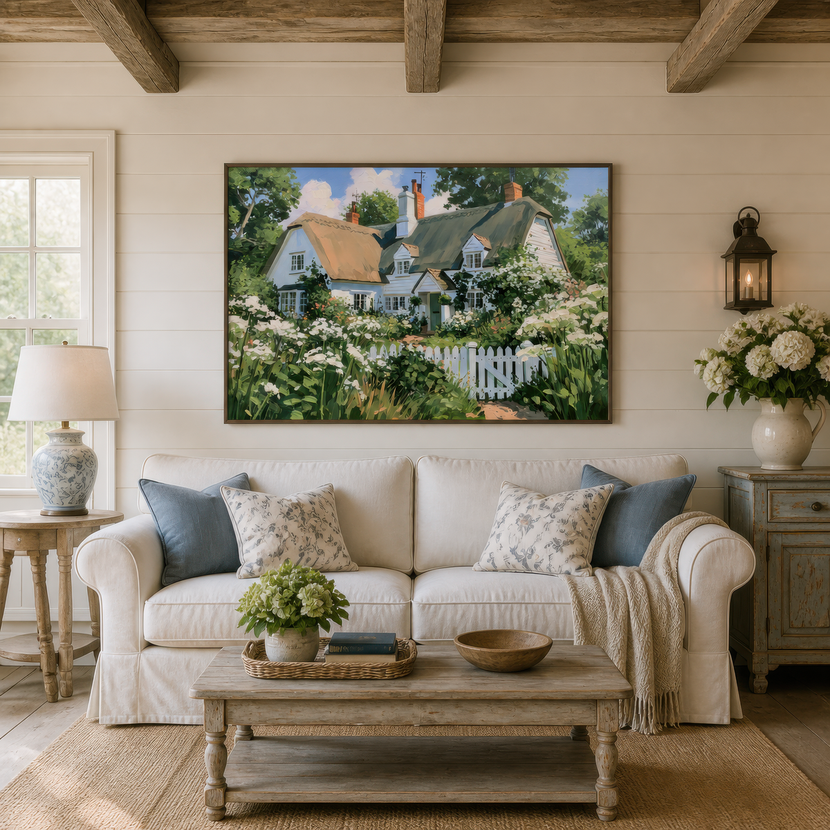 Thatched cottage and picket fence artwork above a cream sofa with blue striped pillows on a white shiplap wall